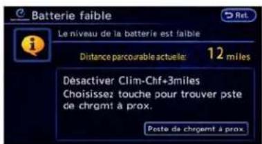 Batterie faible Le niveau de la batterie est faible Distance parcourable actuelle: 12 miles Désactiver Clim-Chf+3miles Choisissez touche pour trouver pste de chrgmt à prox. Peste de chrgmt à prox.