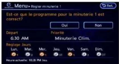 Menu ► Regier minuterie 1 Est-ce que le programme pour la minuterie 1 est correct? Oui Non Départ 6:30 AM Priorité Minuterie Clim. Reglage Jeurs Lun. Mar. Mer. Jeu. Ven. Sam. Dim. 1 2 1 1 2 1 Heure actuelle: 10:28 PM Jeu.