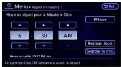 Menu+Regier minuterie 1 Heure de départ pour la Minuterie Clim. 6 : 30 AM - - - Heure actuelle: 10:27 PM Jeu. Le système Clim-Chf demarreis avant le départ Effacer Reglage Jours Svgrder la min.