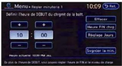 Menu ► Règler minutère 1 10:09 Ret. Définir l'heure de DEBUT du chrgmt de la batt. Effacer Heure FIN chrg Réglage Jours Svgrider la min. 10 : 00 Heure actuelle: 10:09 PM jeu. En plus de l'heure de DEBUT, vous pouvez régler l'heure de FIN et le niveau de charge