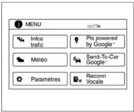 MENU Infcs trafic PIs powered by Google™ Météo Send-To-Car Google™ Paramètres Reconn Vocale