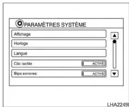 PARAMÈTRES SYSTÈME Affichage Horloge Langue Clic tactile ACTIVE Bips sonores ACTIVE LHA22490
