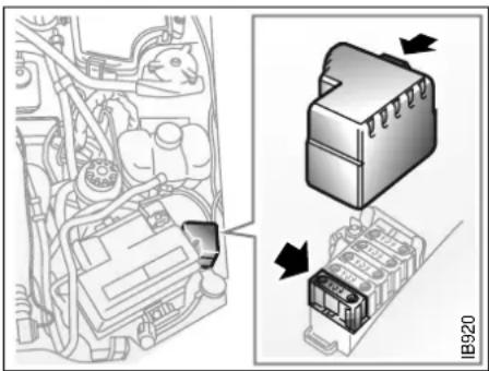 Technical diagram showing engine compartment with internal components and a 3D component assembly with directional arrows indicating assembly or movement.