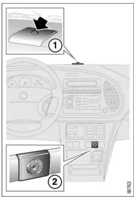Diagram showing car interior control panel with labeled parts and a close-up of the device's screen, including a close-up view of the screen.