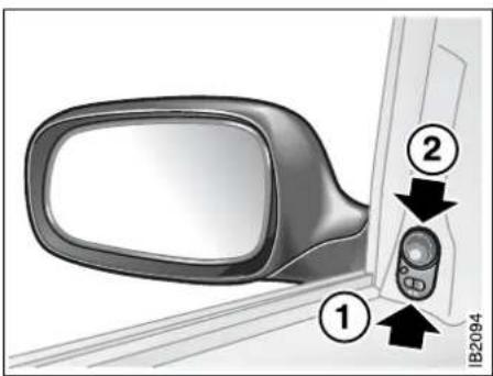 Diagram showing car side mirror and control panel with numbered annotations indicating components