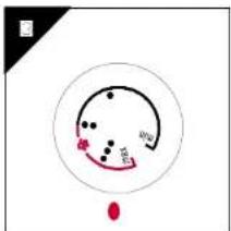Diagram showing a circular object with internal markings and a red curved line, possibly indicating a motion or trajectory.