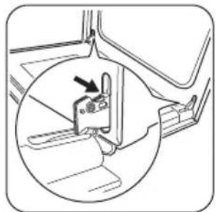 Technical diagram showing a mechanical component with an arrow indicating a specific feature, enclosed in a circular inset.