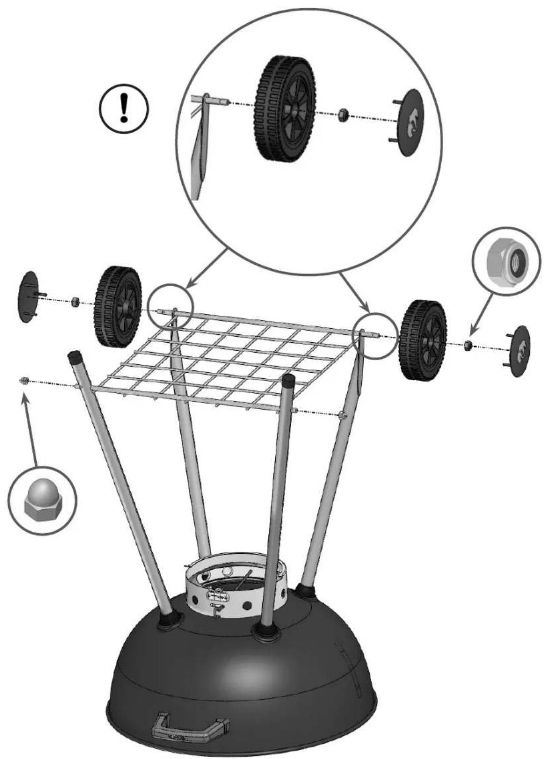 Diagram illustrating the assembly of a portable air conditioner with labeled components and warning indicators.