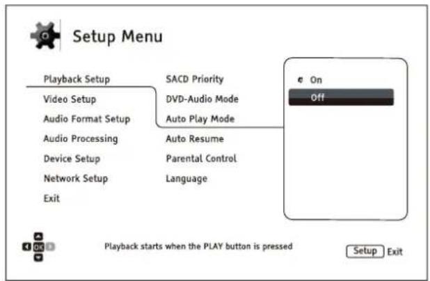 Setup Menu Playback Setup Video Setup Audio Format Setup Audio Processing Device Setup Network Setup Exit SACD Priority DVD-Audio Mode Auto Play Mode Auto Resume Parental Control Language On Off Playback starts when the PLAY button is pressed Setup Exit