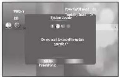 Pandora On Power On/Off sound : On Touch Key Sound : On System Update 1 2 3 4 Do you want to cancel the update operation? Yes No Parental Setup