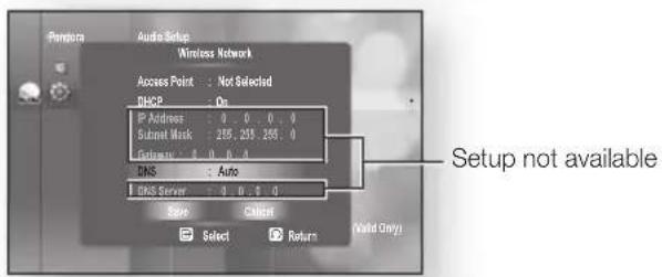 Pumpurn Audio Setup Wireless Network Access Point : Not Selected DHCP On IP Address : 0, 0, 0, 0 Subset Mask : 255, 255, 255, 0 Database : 0, 0, 0, 0 DNS Auto DNS Server : 0, 0, 0, 0 Size Calculate Select Return Setup not available Valid Only
