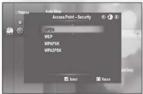 Audio Setup Access Point - Security OPEN WEP WPAPSK WPA2PSK Select Return Solid Only