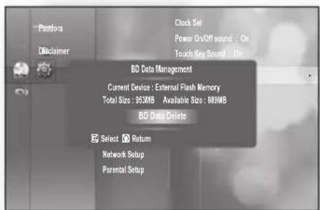 Clock Set Power Do/Off sound : On Touch Key Sound : On BO Data Management Current Device : External Flash Memory Total Size : 95MB Available Size : 86MB BO Data Delete Select Return Network Setup Parental Setup