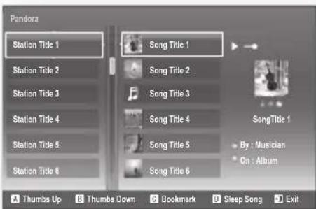 Pandora Station Title 1 Song Title 1 Station Title 2 Song Title 2 Station Title 3 Song Title 3 Station Title 4 Song Title 4 Station Title 5 Song Title 5 Station Title 6 SongTitle 1 By : Musician On : Album ▲ Thumbs Up ■ Thumbs Down ◆ Bookmark ◎ Sleep Song ▶ Exit