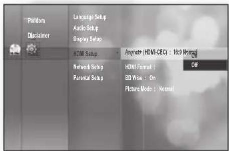 Platform Disclaimer Switch Language Setup Audio Setup Display Setup HDMI Setup Network Setup Parental Setup Anynet+ [HDMI-CEC] : 16.9 Normal On HDMI Format : BD Wise : On Picture Mode : Normal Off