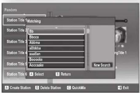 Panders Station Title 1 Matching Station Title 2 Bb Bbcca Station Title 3 Abbma aBbbba aaBan Station Title 4 Boooke aaBan Station Title 5 Acccaake New Search Station Title 6 Select Return A Create Station Delete Station QuickMix Exit