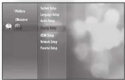 Pandora Disclaimer Setup System Setup Language Setup Audio Setup Display Setup HDMI Setup Network Setup Parental Setup