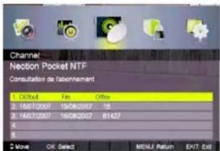 Channel Neotion Pocket NTF Consultation de l'abennement 1. D:\Users Fin Other 2 15072007 15082007 18 3 15072007 15082007 81427 4 Move Cik. Select MENU Return EXIT: Exit