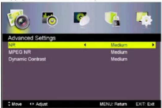 Advanced Settings NR Medium MPEG NR Medium Dynamic Contrast Medium Move Adjust MENU: Return EXIT: Exit