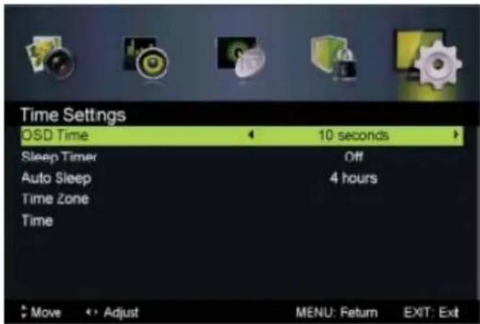 Time Settings OSD Time 10 seconds Sleep Timer Off Auto Sleep 4 hours Time Zone Time Move Adjust MENU: Return EXIT: Exit
