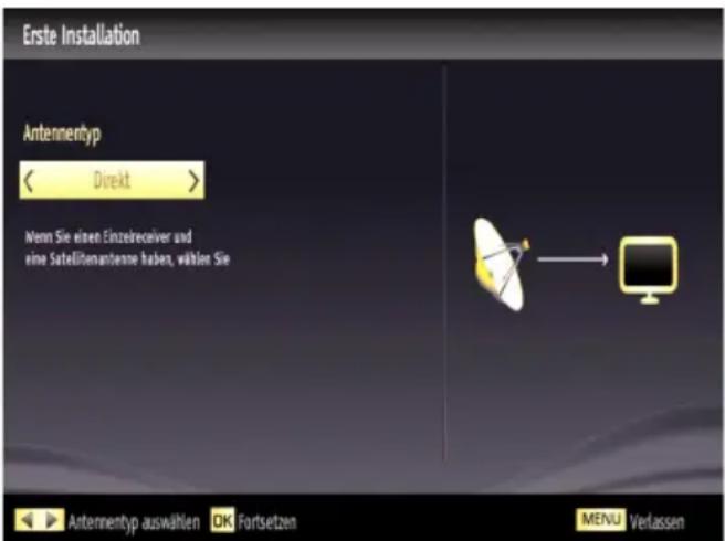 Erste Installation Antennentyp < Direkt > Wenn Sie einen Einzelreceiver und eine Satellitenantenne haben, wählen Sie Antennentyp auswählen OK Fortsetzen MENU Verlassen