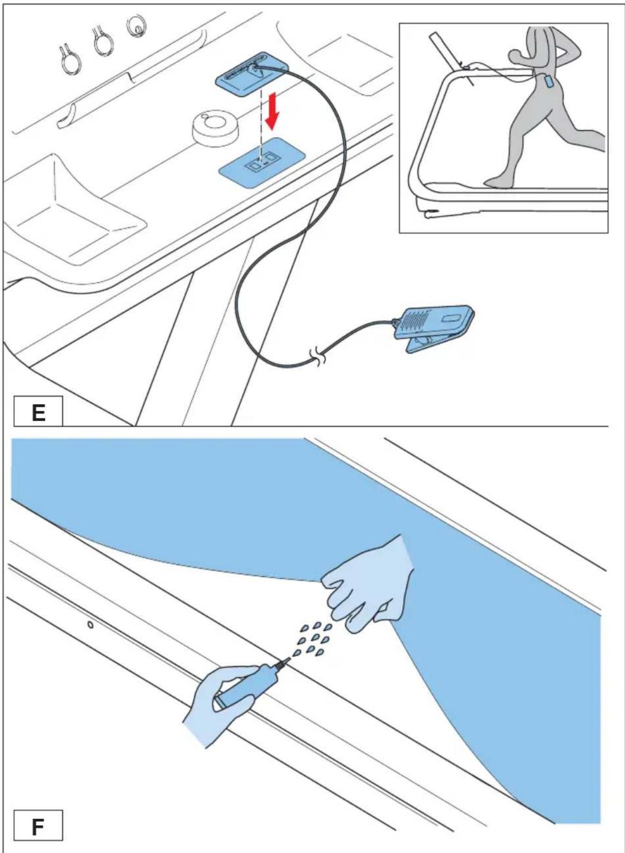 Technical diagram illustrating a procedure for cleaning a car interior, with labeled steps and a magnified inset showing the person running on a tank.
