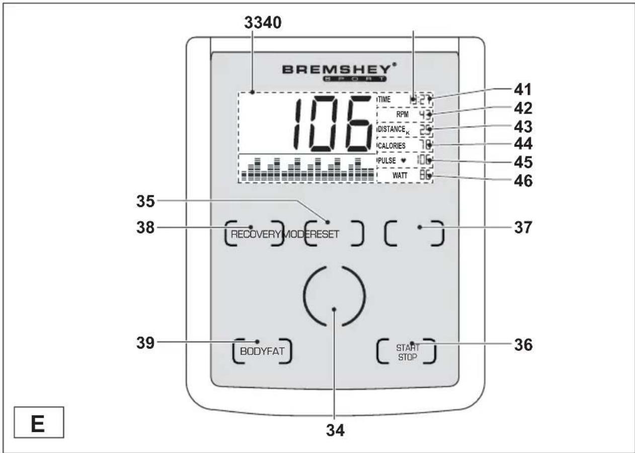 3340 BREMSHEY® BEAMSHEY® 106 TIME RPM IDISTANCE CALORIES PULSE WATT 41 42 43 44 45 46 35 38 RECOVERY MODERRESET 37 39 BODYFAT START STOP 34 36 E
