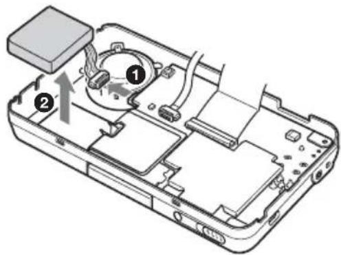 Technical diagram of an electronic device showing internal components with numbered labels and directional arrows indicating assembly or movement.
