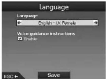 Language Language ← English - UK Female → Voice guidance instructions ✓ Enable ESC ← Save