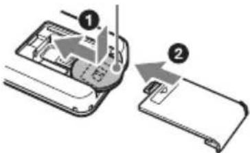 Diagram showing two labeled parts of a device with arrows indicating movement or assembly, numbered 1 and 2.
