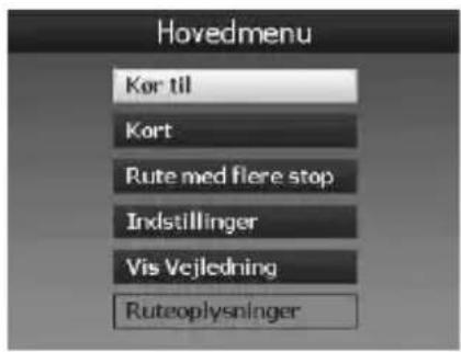 Hovedmenu Kort til Kort Rute med flere stop Indstillinger Vis Vejledning Ruteoplysninger