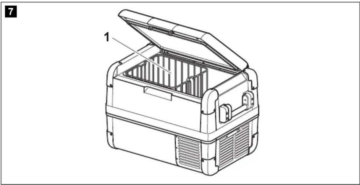 Technical line drawing of a mechanical device with open lid and internal compartments (no text or symbols)
