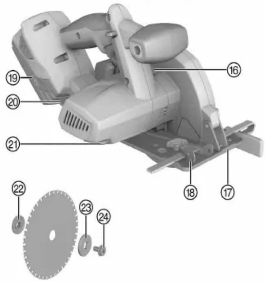 Technical diagram of a cutting tool with numbered parts and a separate view of the blade assembly.