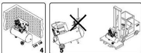 Three technical illustrations of a portable air compressor, a helicopter, and a forklift (no text or symbols present)