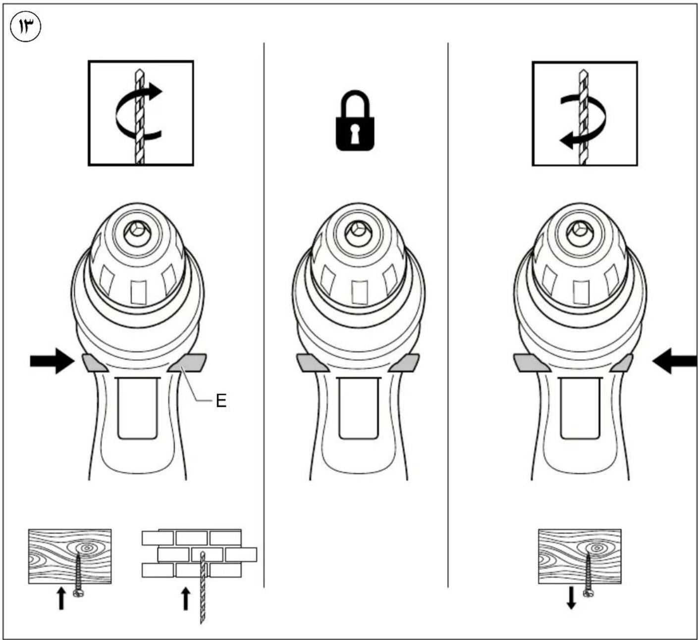 Diagram illustrating three-step woodworking or metalworking process with labeled components and directional arrows