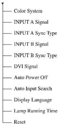 Color System INPUT A Signal INPUT A Sync Type INPUT B Signal INPUT B Sync Type DVI Signal Auto Power Off Auto Input Search Display Language Lamp Running Time Reset