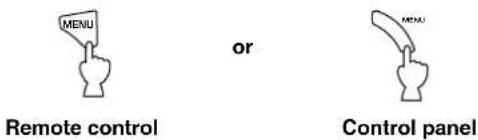 MENU or Remote control Control panel