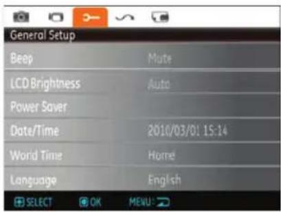General Setup Beep Mute LCD Brightness Auto Power Saver Date/Time 2010/03/01 15:14 World Time Home Language English SELECT OK MENU: