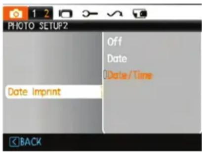 PHOTO SETUP2 Off Date Date/Time Date Imprint BACK