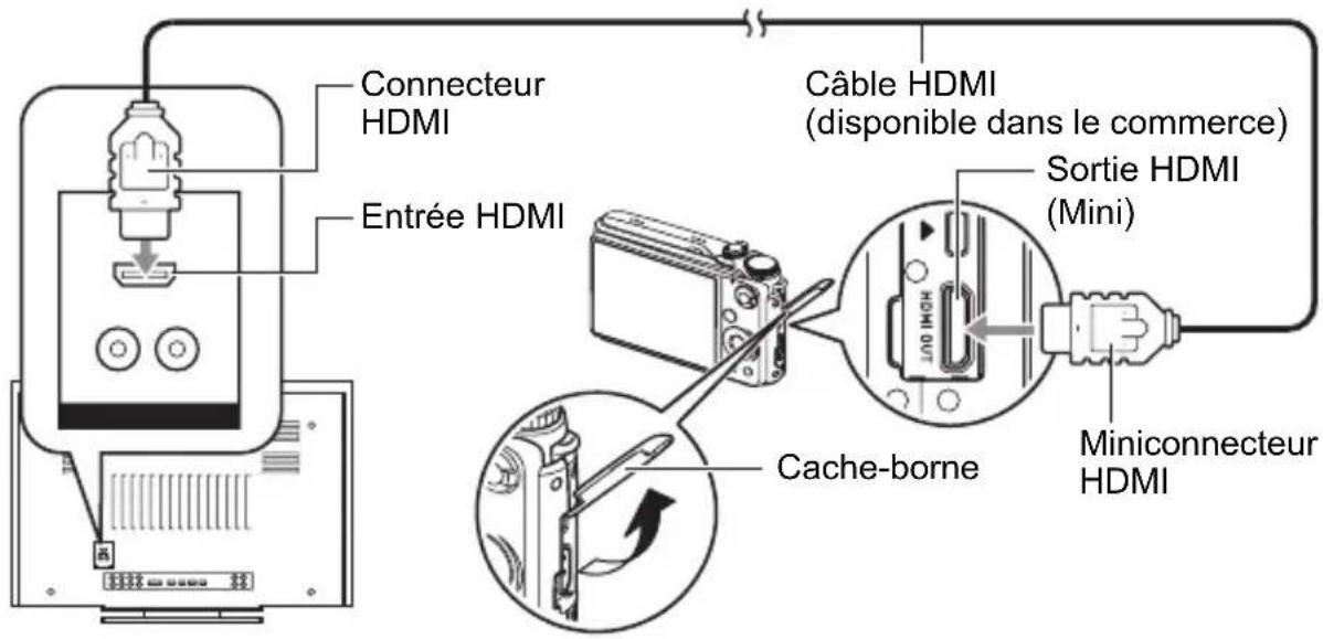 Connecteur HDMI Entrée HDMI Câble HDMI (disponible dans le commerce) Sortie HDMI (Mini) Miniconnecteur HDMI Cache-borne