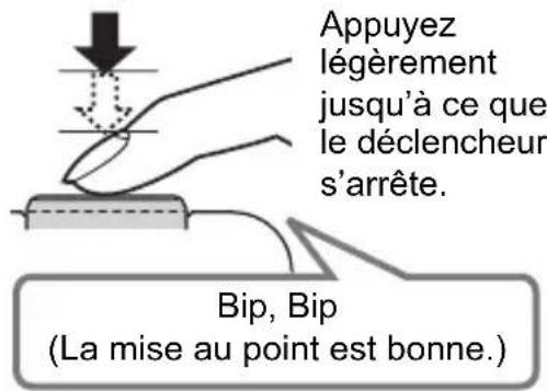 Appuyez légèrement jusqu'à ce que le déclencheur s'arrête. Bip, Bip (La mise au point est bonne.)