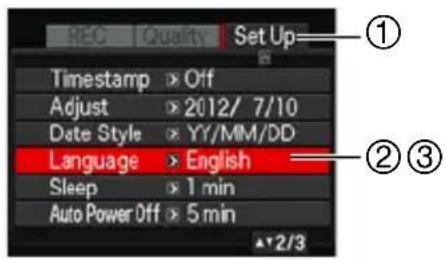 REC | Quality | Set Up Timestamp > Off Adjust > 2012/ 7/10 Date Style > YY/MM/DD Language > English Sleep > 1 min Auto Power Off > 5 min ▲2/3
