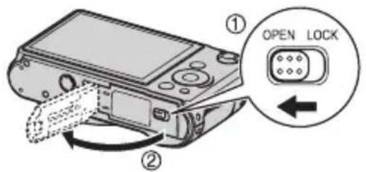 CASIO Exilim EX-FH100 - Appuyez sur [ON/OFF] pour mettre l'appareil photo hors service, puis ouvrez le couvercle de batterie. - 1