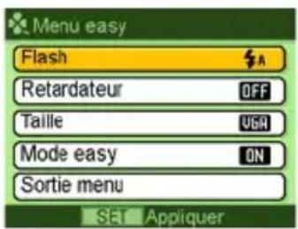 Menu easy Flash Retardateur OFF Taille VGA Mode easy ON Sortie menu SET Appliquer