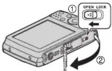 CASIO Exilim EX-Z16 - Appuyez sur [ON/OFF] (Alimentation) pour mettre l'appareil photo hors service, puis ouvrez le couvercle de batterie. - 1