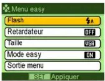 Menu easy Flash Retardateur OFF Taille VGA Mode easy ON Sortie menu SET Appliquer