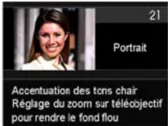 21 Portrait Accentuation des tons chair Réglage du zoom sur téléobjectif pour rendre le fond flou