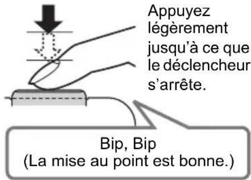 Appuyez légèrement jusqu'à ce que le déclencheur s'arrête. Bip, Bip (La mise au point est bonne.)