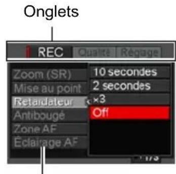 Onglets REC Qualité Régage Zoom (SR) 10 secondes Mise au point 2 secondes Retardateur ×3 Antibougé Off Zone AF Éclairage AF