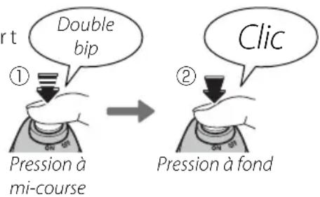 t Double bip ① Pression à mi-course → Clic ② Pression à fond